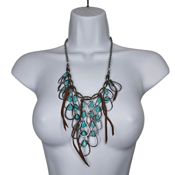 Statement Faux Turquoise, Mixed Metals, and Leather Necklace - Picture 3 of 6